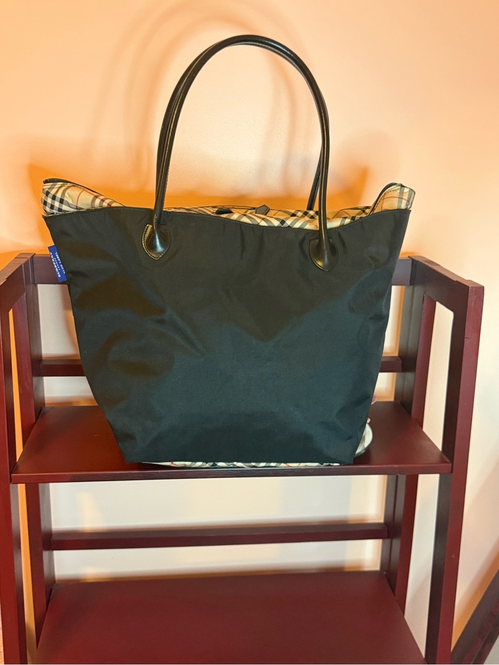 Burberry Blue Label Black Tote Bag with Plaid Trim